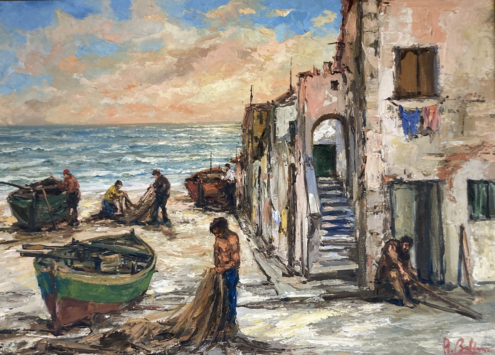 Roberto Baldassarini, oil on canvas, Liguria Villaggio di Pescatori, signed with 1985 label verso, 50 x 70cm